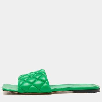 Pre Owned Bottega Veneta Green Padded Leather Flat Slides Size 41