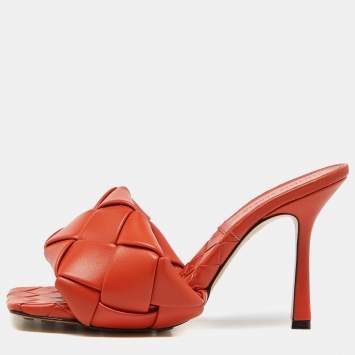 Pre Owned Bottega Veneta Orange Intrecciato Leather Lido Sandals  Size 37