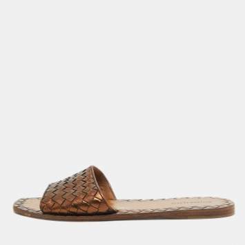 مملوكة مسبقًا Bottega Veneta Metallic Intrecciato Leather Flat Slides Size 39