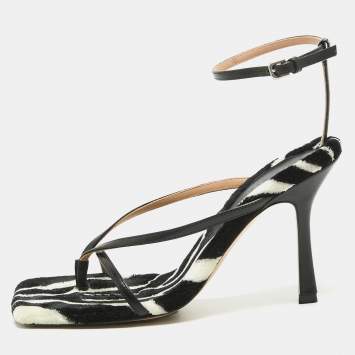 Pre Owned Bottega Veneta Black Leather and Fur Stretch Ankle Strap Sandals Size 38