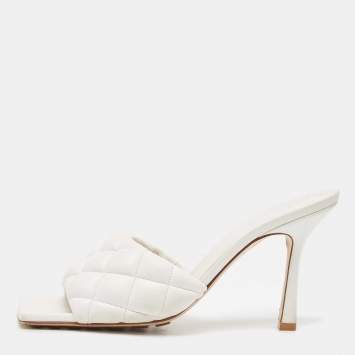 Pre Owned Bottega Veneta White Intrecciato Leather Lido Slide Sandals Size 38 