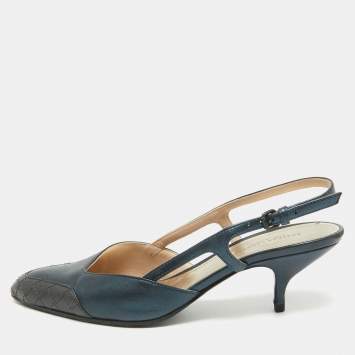 Pre Owned Bottega Veneta Metallic Two Tone Leather Slingback Pumps Size 37