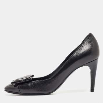 Pre Owned Bottega Veneta Black Patent and Leather Cap Toe Bow Pumps Size 40