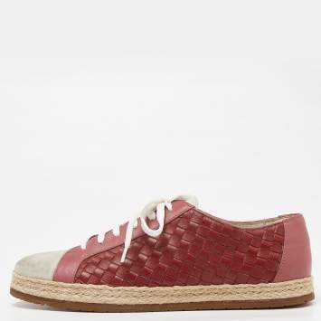 Pre Owned Bottega Veneta Tri Color Intrecciato Leather And Suede Cap Toe Espadrille Low Top Sneakers Size 39.5