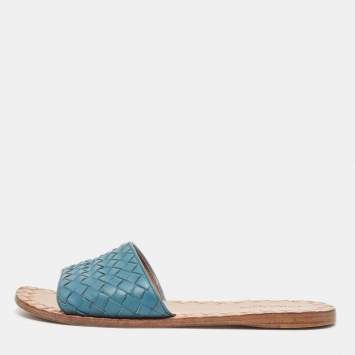 Pre Owned Bottega Veneta Blue Intrecciato Leather Flat Slides Size 36