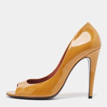 Pre Owned Bottega Veneta Brown Patent Leather Peep Toe Pumps Size 40