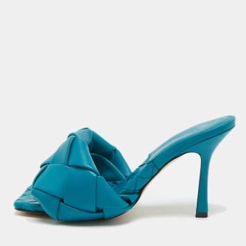 Pre Owned Bottega Veneta Blue Intrecciato Leather Lido Slide Sandals Size 38