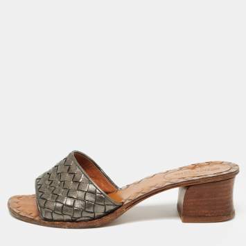 Pre Owned Bottega Veneta Metallic Intrecciato Leather Ravello Slide Sandals Size 36