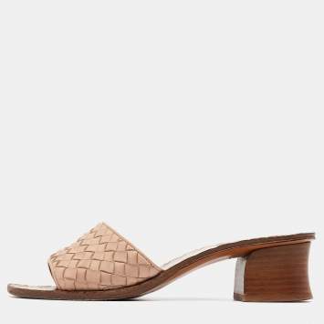 Pre Owned Bottega Veneta Beige Intrecciato Leather Slide Sandals Size 36 