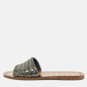 Pre Owned Bottega Veneta Metallic Grey Intrecciato Leather Flat Slides Size 35