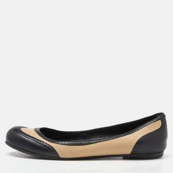 Pre Owned Bottega Veneta Black/Beige Brogue Leather Ballet Flats Size 39.5