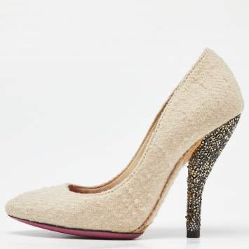 Pre Owned Bottega Veneta Cream Tweed Almond Toe Pumps Size 37