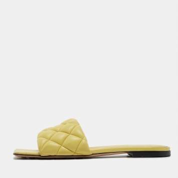Pre Owned Bottega Veneta Yellow Quilted Leather Flat Slides Size 37