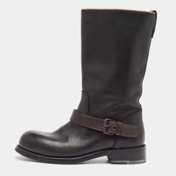 Pre Owned Bottega Veneta Black/Brown Leather Buckle Detail Mid Calf Boots Size 36.5