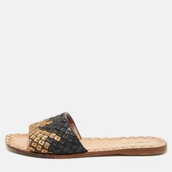 Pre Owned Bottega Veneta Gold/Black Intrecciato Leather Flat Slides Size 38