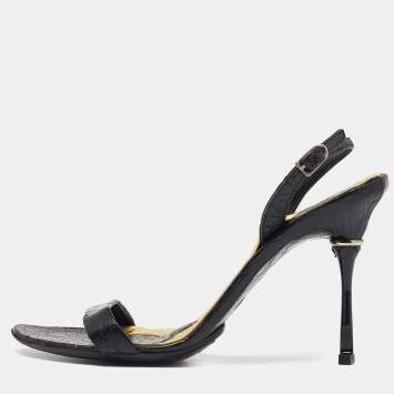 Pre Owned Bottega Veneta Black Croc Embossed Ankle Strap Sandals Size 35