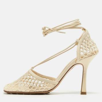 Pre Owned Bottega Veneta Cream Mesh and Leather Ankle Tie Pumps Size 37