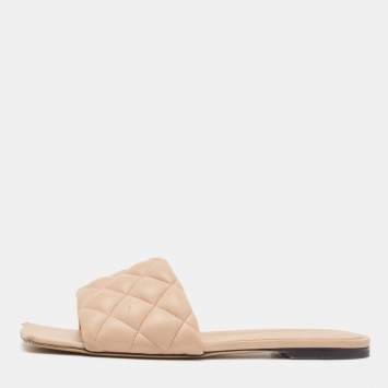 Pre Owned Bottega Veneta Beige Padded Leather Flat Slides Size 39