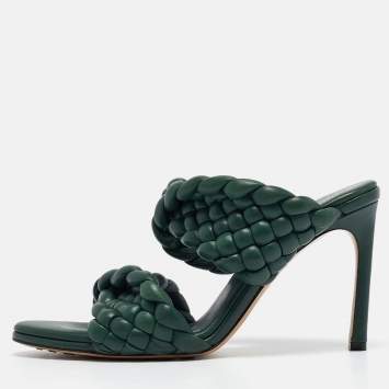 Pre Owned Bottega Veneta Green Leather Braided Accents Slides Size 40.5