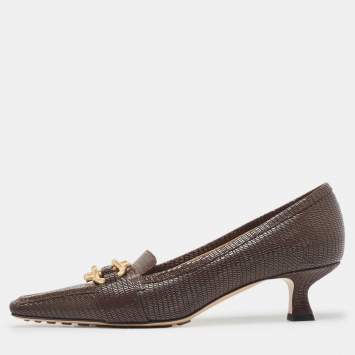Pre Owned Bottega Veneta Brown Lizard Embossed Leather Madame Pumps Size 39