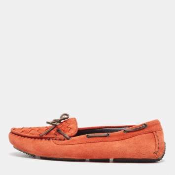 Pre Owned Bottega Veneta Orange Suede Bow Slip On Loafers Size 36