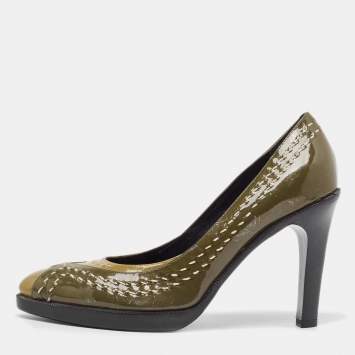 Pre Owned Bottega Veneta Olive Green/Brown Patent Leather Pumps Size 38