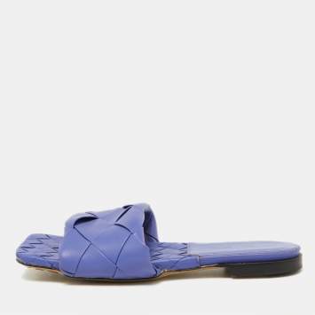 Pre Owned Bottega Veneta Purple Intrecciato Leather Flat Slides Size 39