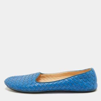 Pre Owned Bottega Veneta Blue Intrecciato Leather Smoking Slippers Size 41