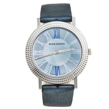 Pre Owned Boucheron Blue Mother of Pearl Stainless Steel Leather Round Clous de Paris N°100 Women's Wristwatch 38 mm