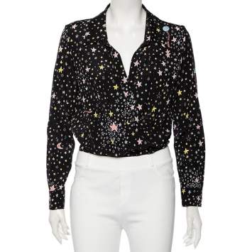 Pre Owned Moschino Boutique Black Star Print Silk Long Sleeve Long Sleeve Bodysuit S