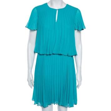 Pre Owned Boutique Moschino Turquoise Blue Plisse Chiffon Overlay Detail Midi Dress S 