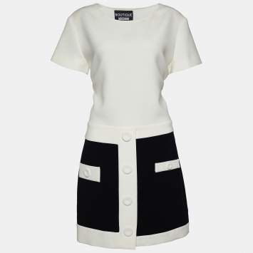 Pre Owned Boutique Moschino Monochrome Crepe Knee-Length Dress M