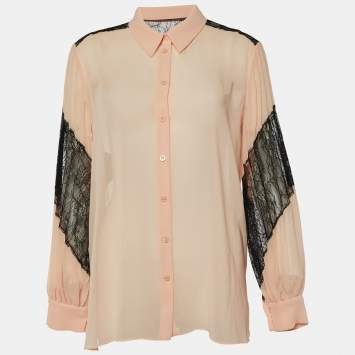 Pre Owned Boutique Moschino Pink Chiffon & Lace Detail Plisse Sleeve Shirt M