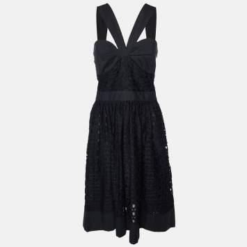 Pre Owned Boutique Moschino Black Lace Gathered Neck Dress M