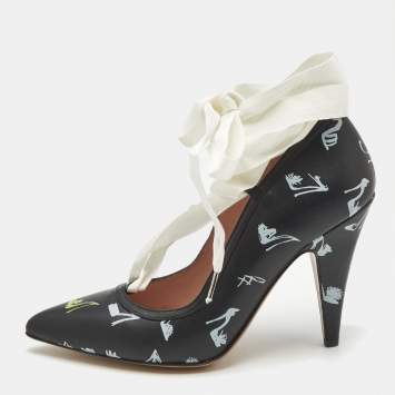 Pre Owned Boutique Moschino Printed Black Leather Ankle Wrap Pumps Size 37