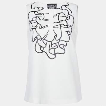 Pre Owned Boutique Moschino White Printed Crepe Sleeveless Top S