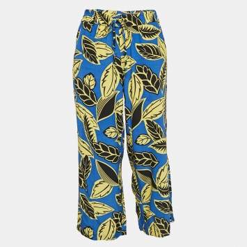 Pre Owned Boutique Moschino Blue/Yellow Leaf Print Crepe Trousers M