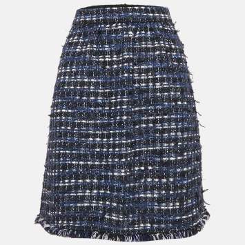 Pre Owned Boutique Moschino Blue Tweed Fringed Pencil Skirt M