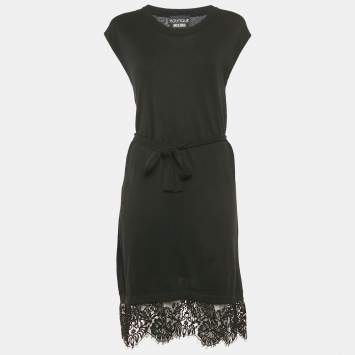 Pre Owned Boutique Moschino Black Wool Blend Lace Trim Detail Belted Midi Dress M