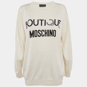 Pre Owned Boutique Moschino Cream Logo Intarsia Silk Knit Sweatshirt XL