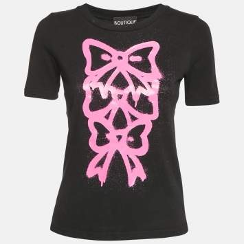 Pre Owned Boutique Moschino Black Bow Print Cotton Crew-Neck T-Shirt S