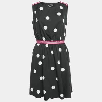Pre Owned Boutique Moschino Black Polka Dot Print Cotton Trimmed Sleeveless Short Dress M