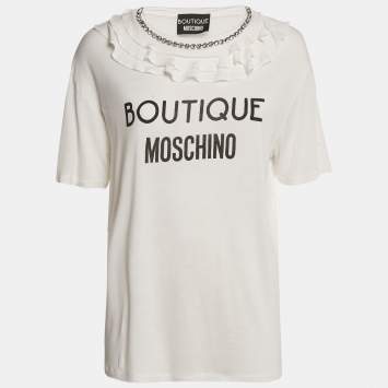 Pre Owned Boutique Moschino White Logo Print Jersey Crystal Embellished and Ruffled T-Shirt M