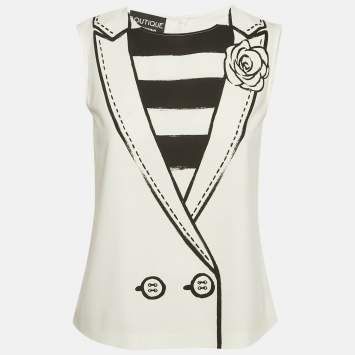 Pre Owned Boutique Moschino White Collar Print Crepe Sleeveless Top S