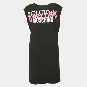 Pre Owned Boutique Moschino Black Printed Crepe Shift Dress S