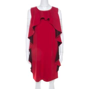 Pre Owned Boutique Moschino Red Crepe Knit Ruffle Front Sleeveless Shift Dress M