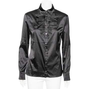 Pre Owned Moschino Couture Black Satin Ruffled Neck Shirt L
