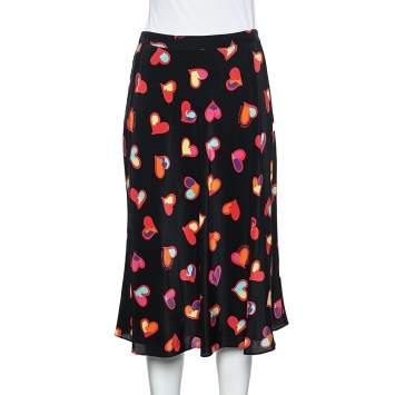 Pre Owned Boutique Moschino Black Heart Print Silk Skirt S