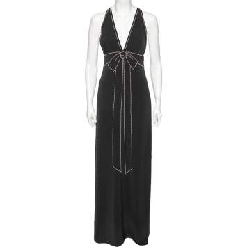 Pre Owned Boutique Moschino Black Crepe Plunging Neck Bow Embellished Detail Gown S