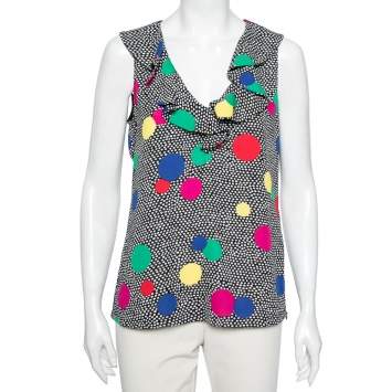 Pre Owned Boutique Moschino Black Polka Dot Ruffle Detail Neck Sleeveless Top L